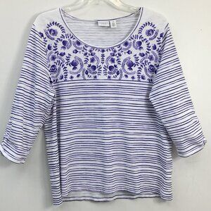 Weekends By Chico's Long Sleeve Strip and Floral Purple and White Top Size